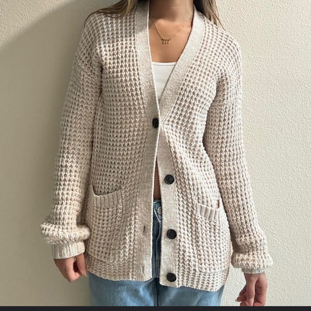 American Eagle Cream knit Cardigan Sweater v neck Cabin boho button up Small - Picture 8 of 8